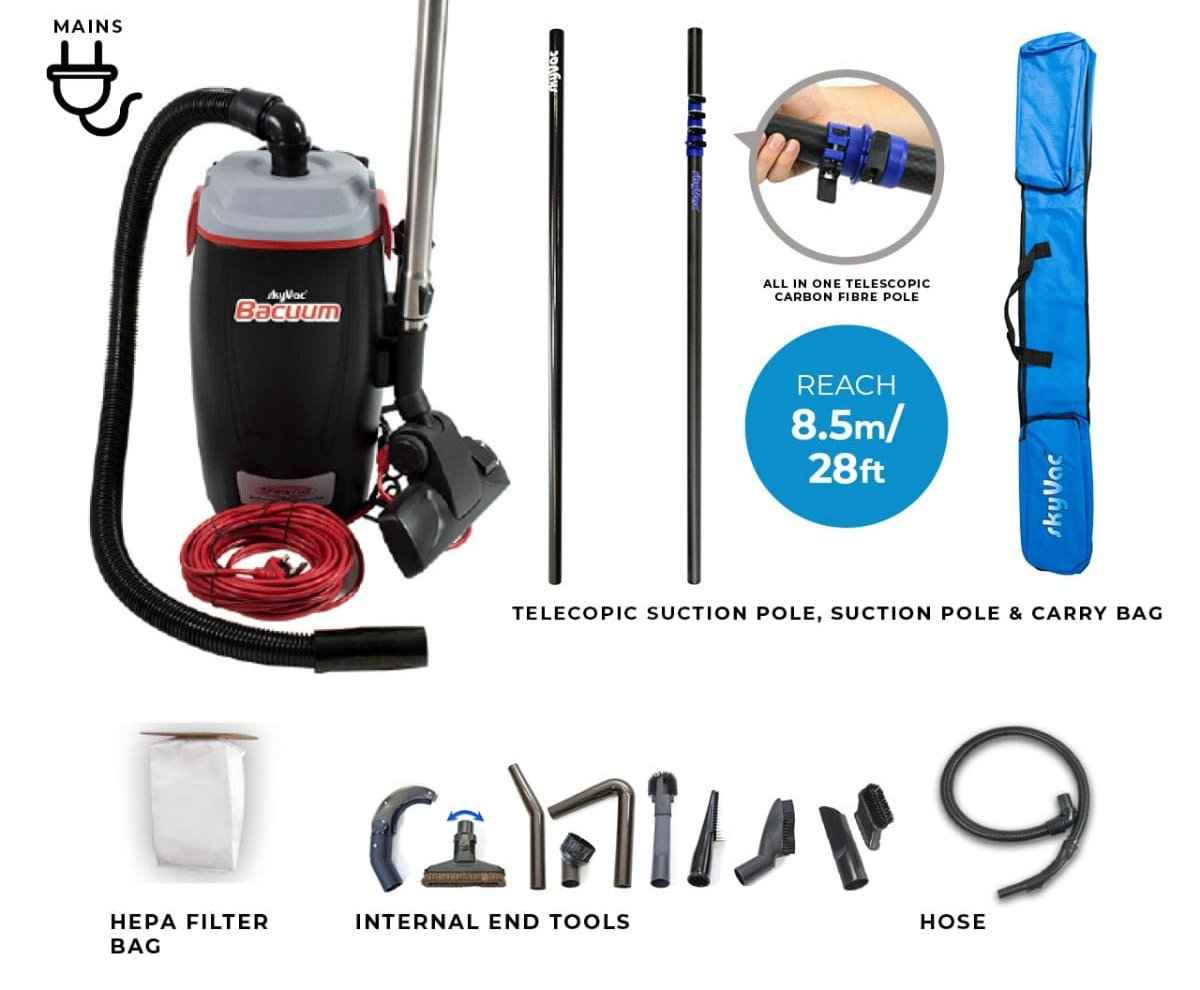 skyVac Bacuum - High Level Back-Pack Vacuum Cleaner - Mains or Battery - Up To 28ft - Commercial Cleaning Machines Ltd