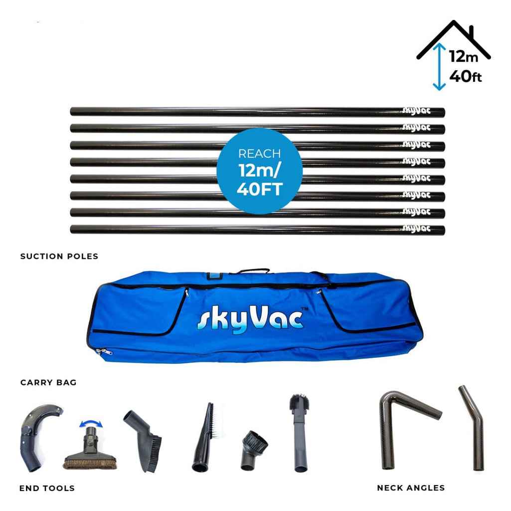 skyVac Internal Suction Pole Set - 44mm Carbon Fibre Internal Cleaning Kit Upto 40ft - Commercial Cleaning Machines Ltd