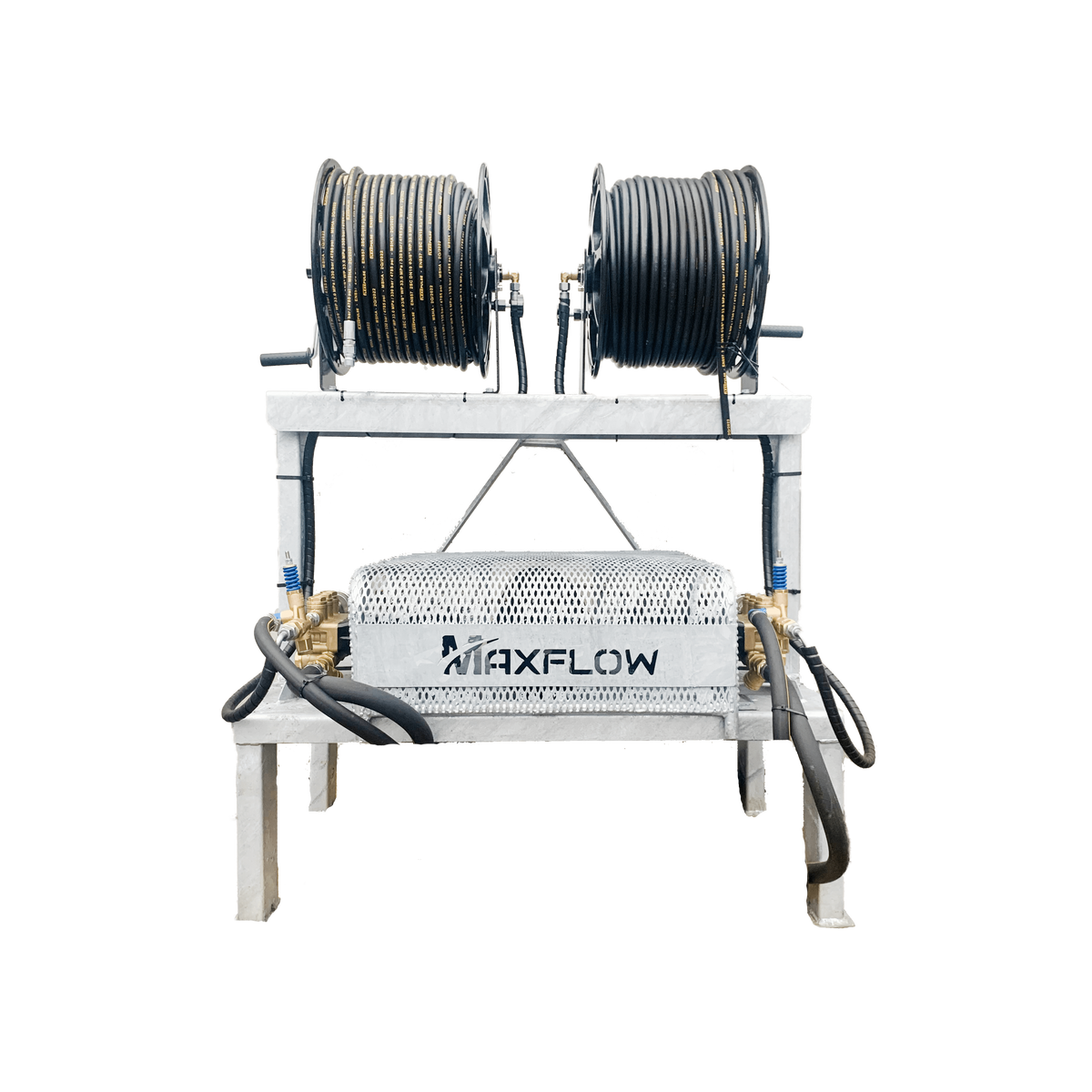 Maxflow Twin PTO Pressure Washer – Hawk Pump 2 x 30 LPM 200 BAR Galvanised Frame + x2 100M Reels