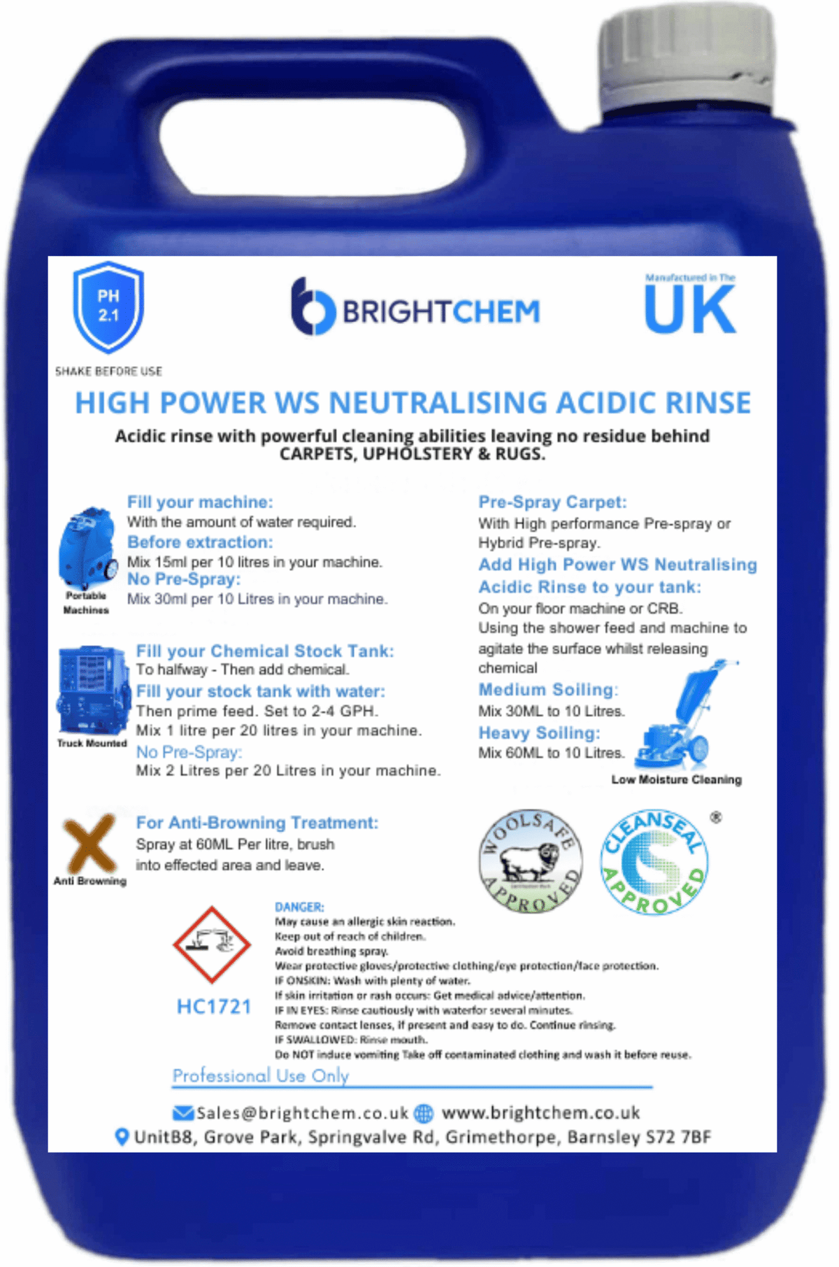 BrightChem High Power Woolsafe Neutraliser Acidic Rinse - 5L - Cleaning Chemicals