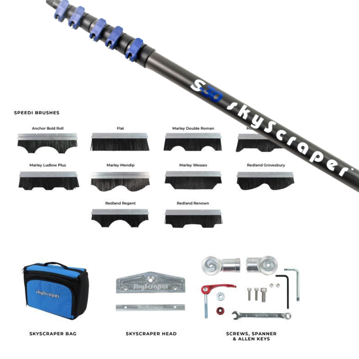 SkyScraper Roof Cleaning Package with Telescopic Pole 24ft - 34ft Options - 24ft / Speedi Brush Single Head Package