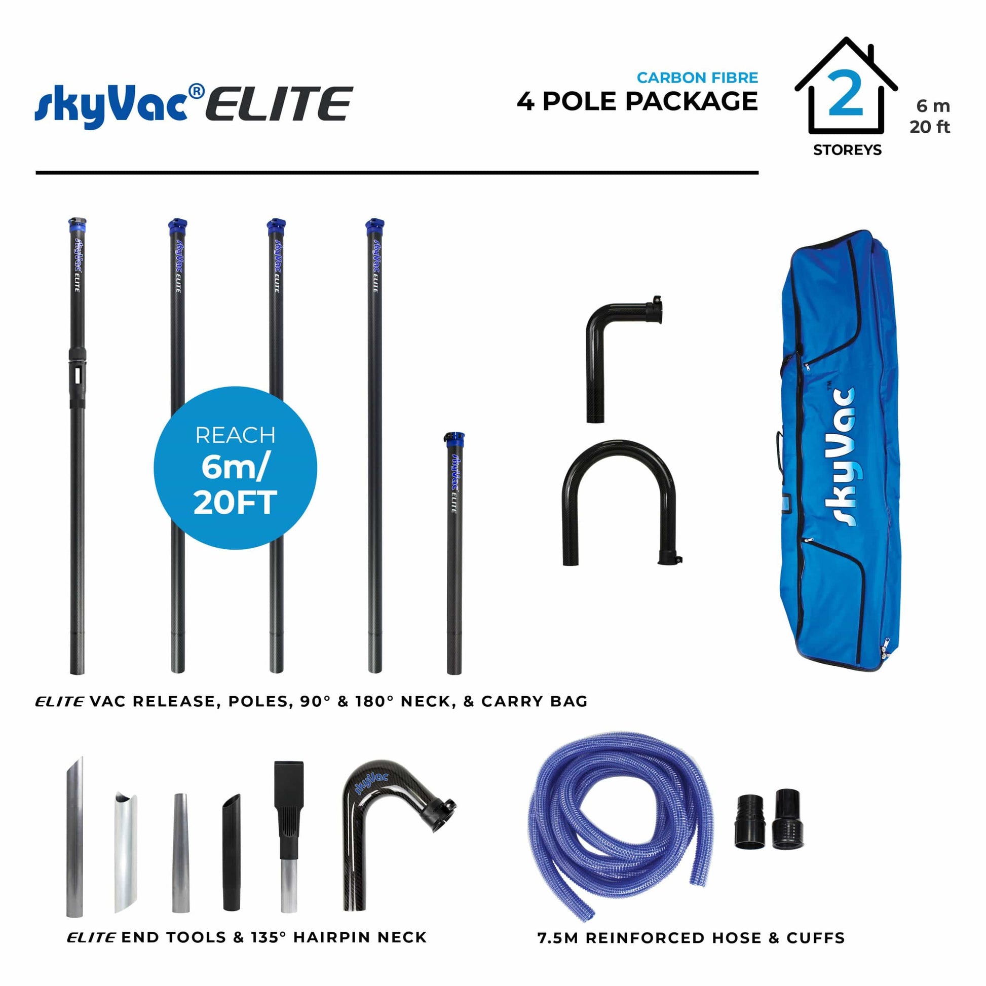 skyVac Elite 50mm Clamped Carbon Fibre Gutter Pole Set - 4 Elite Poles 20ft (6m) - Vacuum Spares
