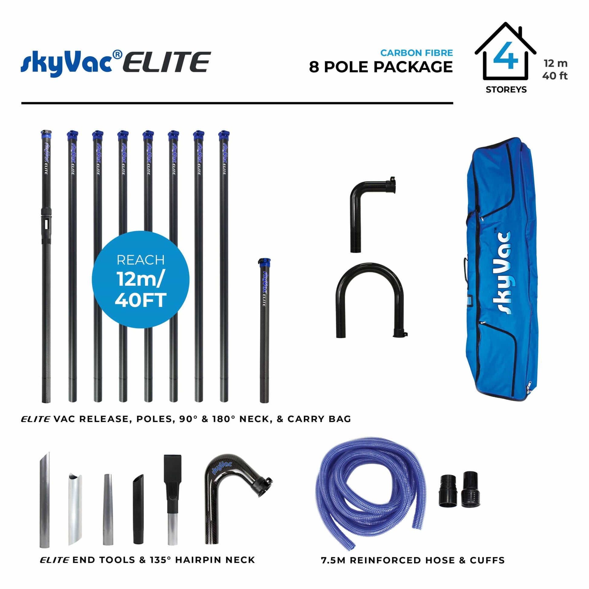 skyVac Elite 50mm Clamped Carbon Fibre Gutter Pole Set - 8 Elite Poles 40ft (12m) - Vacuum Spares