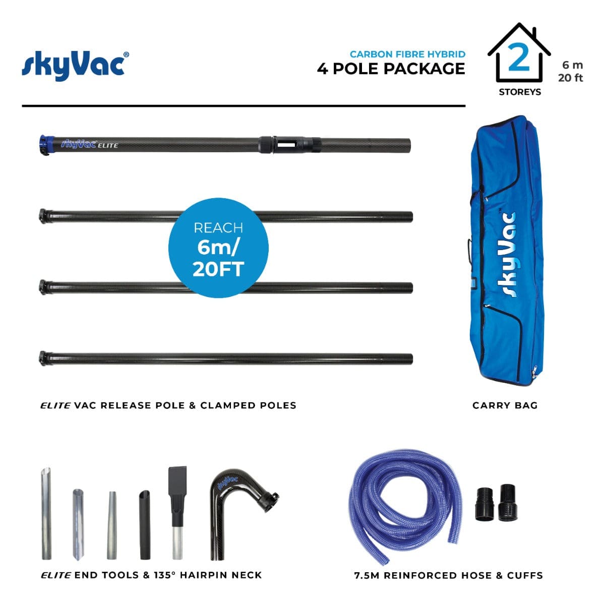 skyVac Premium 50mm Clamped Carbon Fibre Gutter Pole Set - 4 Poles 20ft (6m) - Vacuum Spares