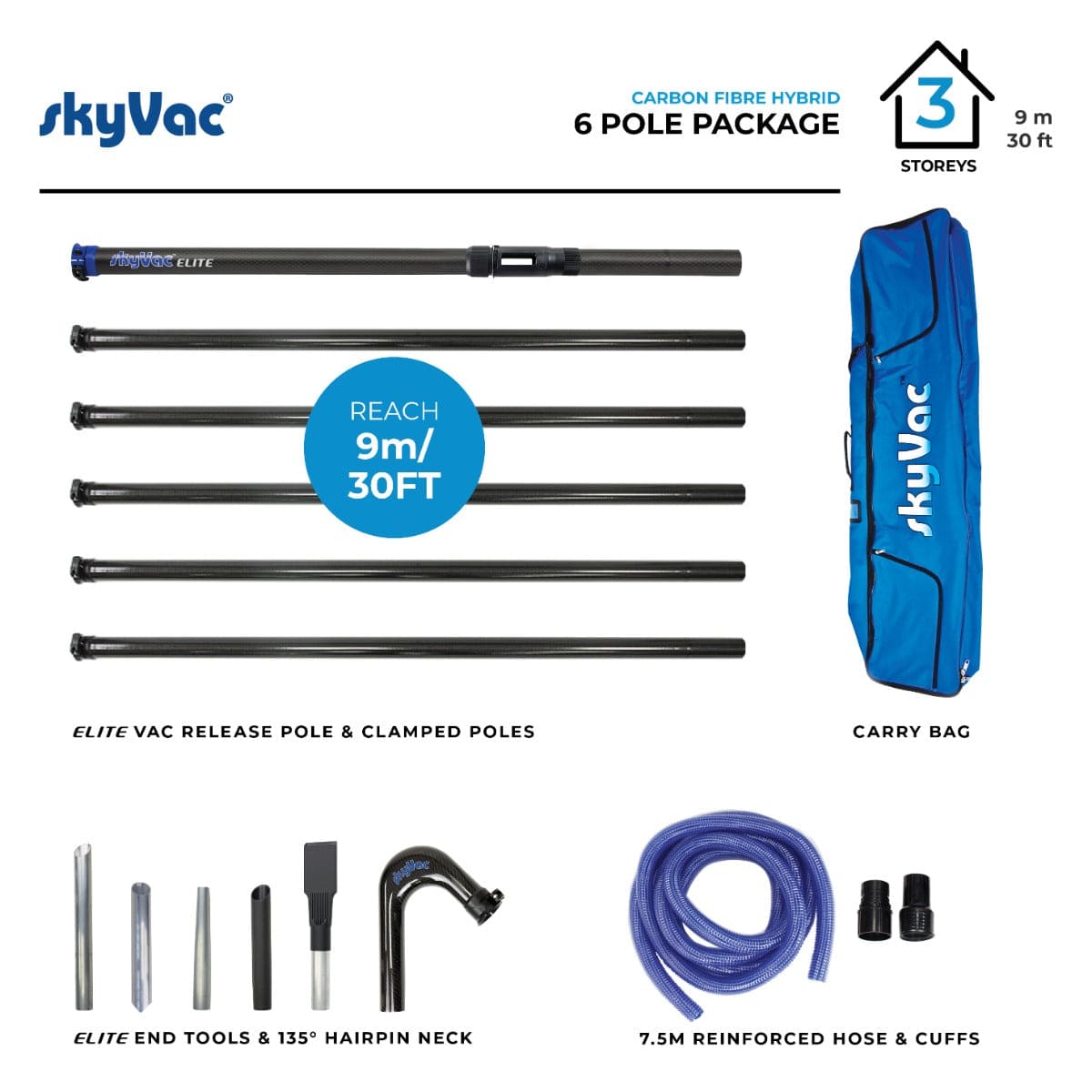 skyVac Premium 50mm Clamped Carbon Fibre Gutter Pole Set - 6 Poles 30ft (9m) - Vacuum Spares