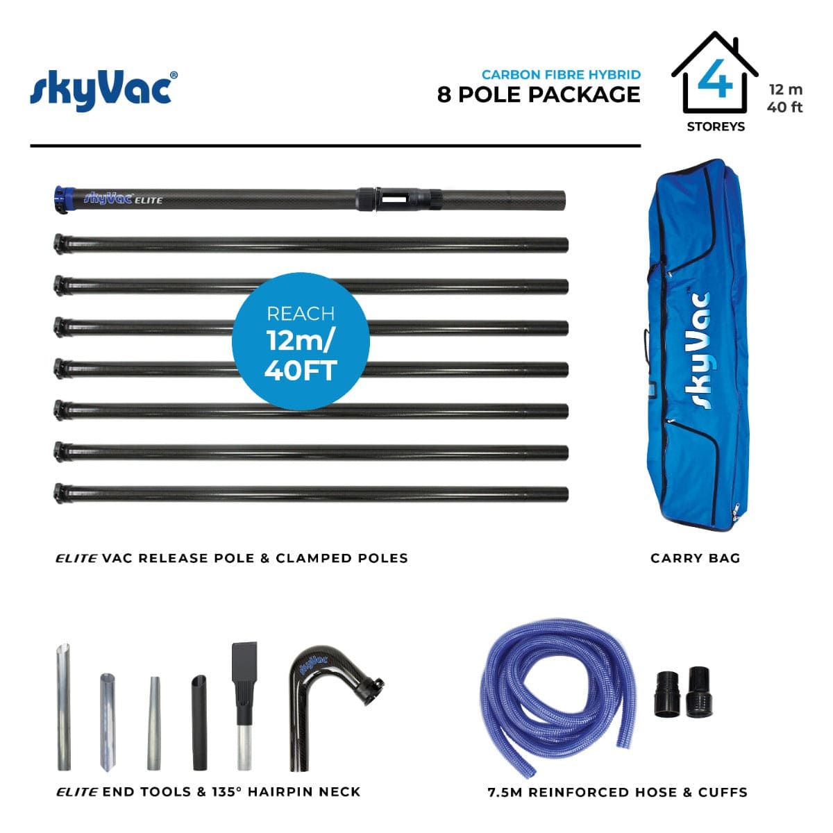 skyVac Premium 50mm Clamped Carbon Fibre Gutter Pole Set - 8 Poles 40ft (12m) - Vacuum Spares