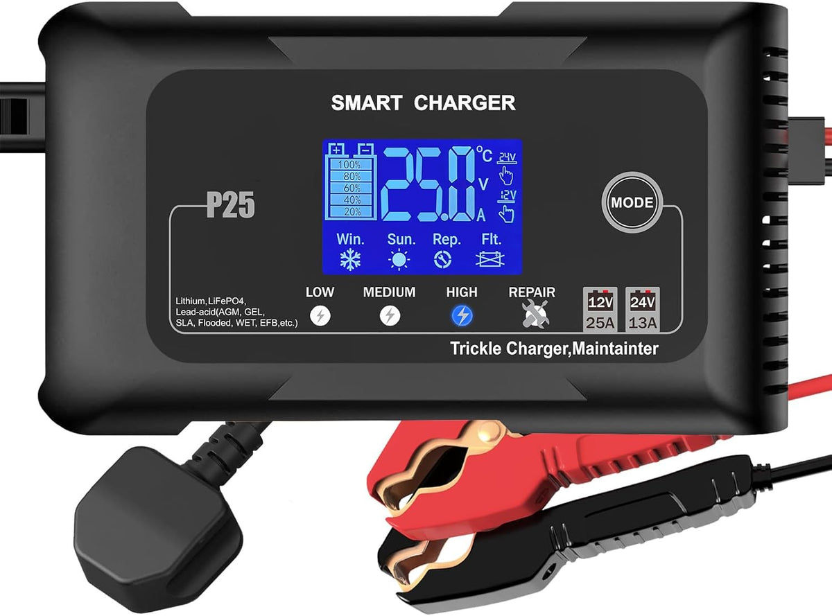 Universal 25A 12v/24v Smart Battery Charger - Lithium, Gel AGM - Commercial Cleaning Machines Ltd
