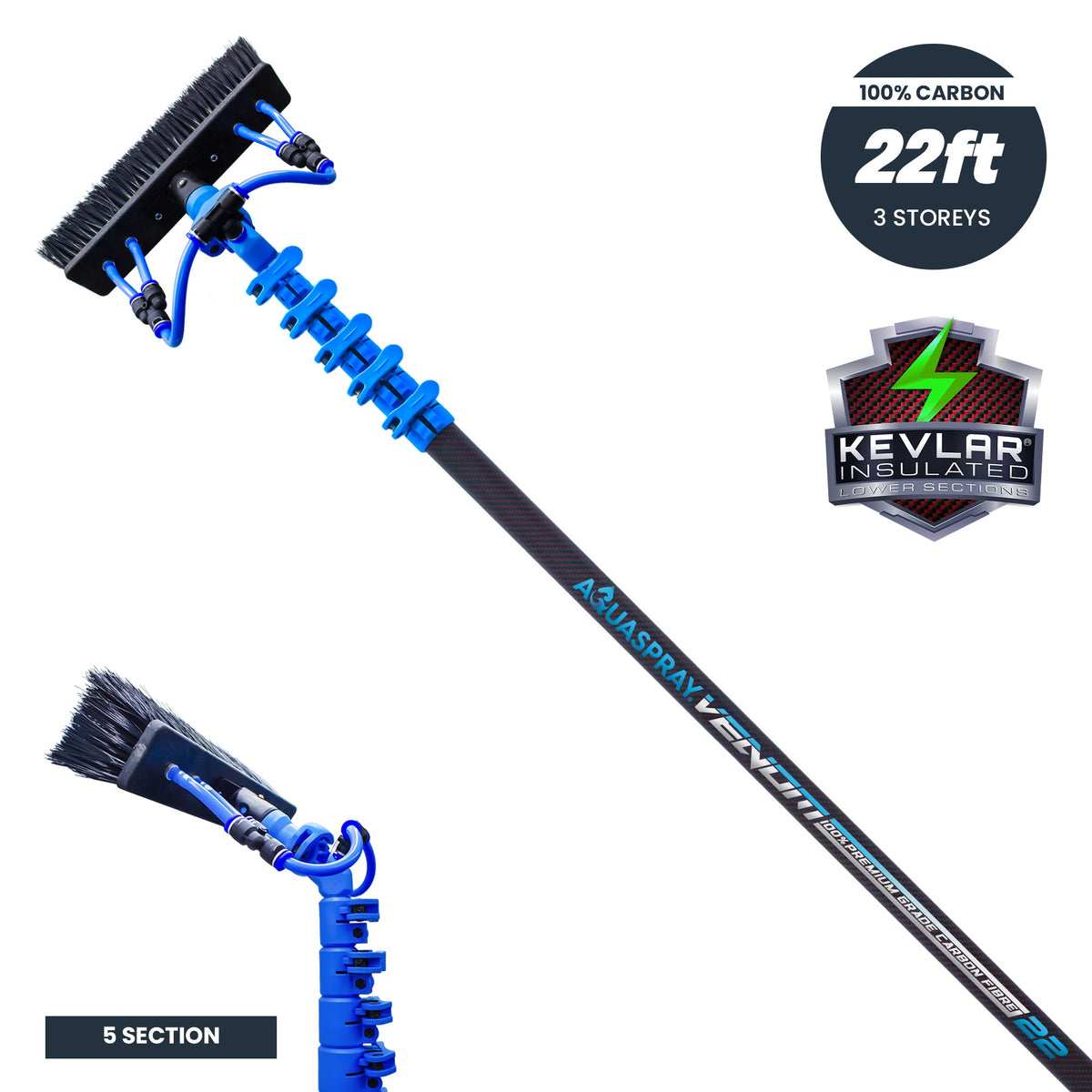 Aquaspray Venom Aquaspray® Venom 22ft Kevlar Insulated 100% Carbon Fibre Waterfed Window Cleaning Pole 5-Section