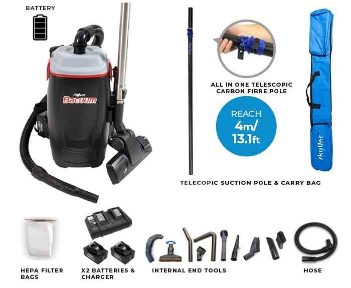 skyVac Bacuum - High Level Back-Pack Vacuum Cleaner - Mains or Battery - Up To 28ft - Commercial Cleaning Machines Ltd
