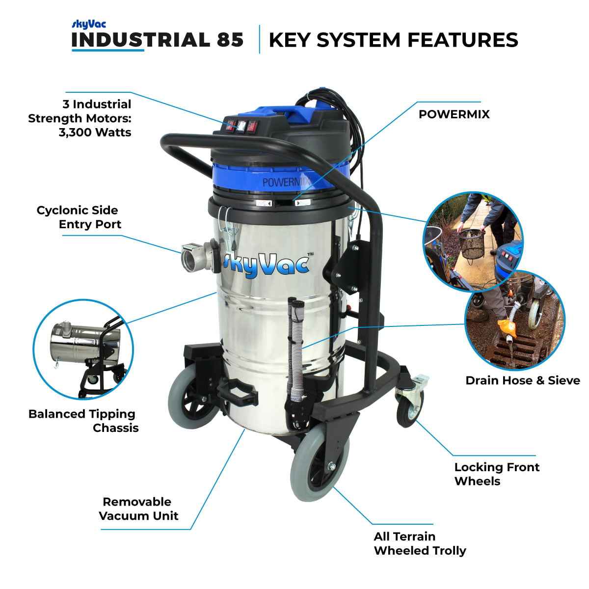 skyVac Industrial 85 With High Reach Pole Set - Triple Motor Machine With Upto 40ft Reach - Commercial Cleaning Machines Ltd