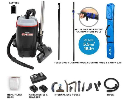 skyVac Bacuum - High Level Back-Pack Vacuum Cleaner - Mains or Battery - Up To 28ft - Commercial Cleaning Machines Ltd