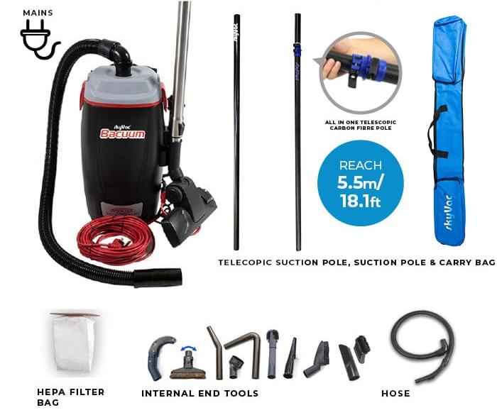 skyVac Bacuum - High Level Back-Pack Vacuum Cleaner - Mains or Battery - Up To 28ft - Commercial Cleaning Machines Ltd