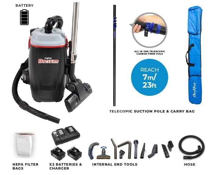 skyVac Bacuum - High Level Back-Pack Vacuum Cleaner - Mains or Battery - Up To 28ft - Commercial Cleaning Machines Ltd