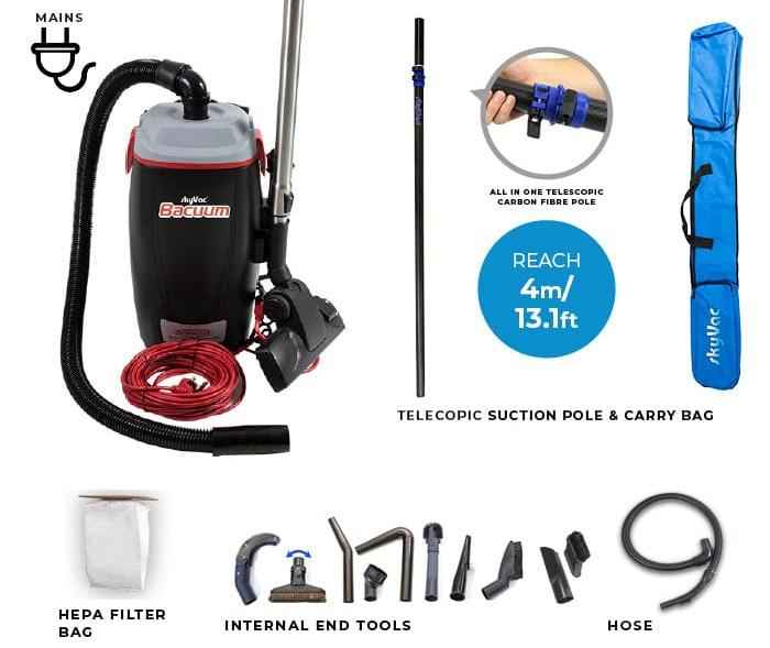 skyVac Bacuum - High Level Back-Pack Vacuum Cleaner - Mains or Battery - Up To 28ft - Commercial Cleaning Machines Ltd