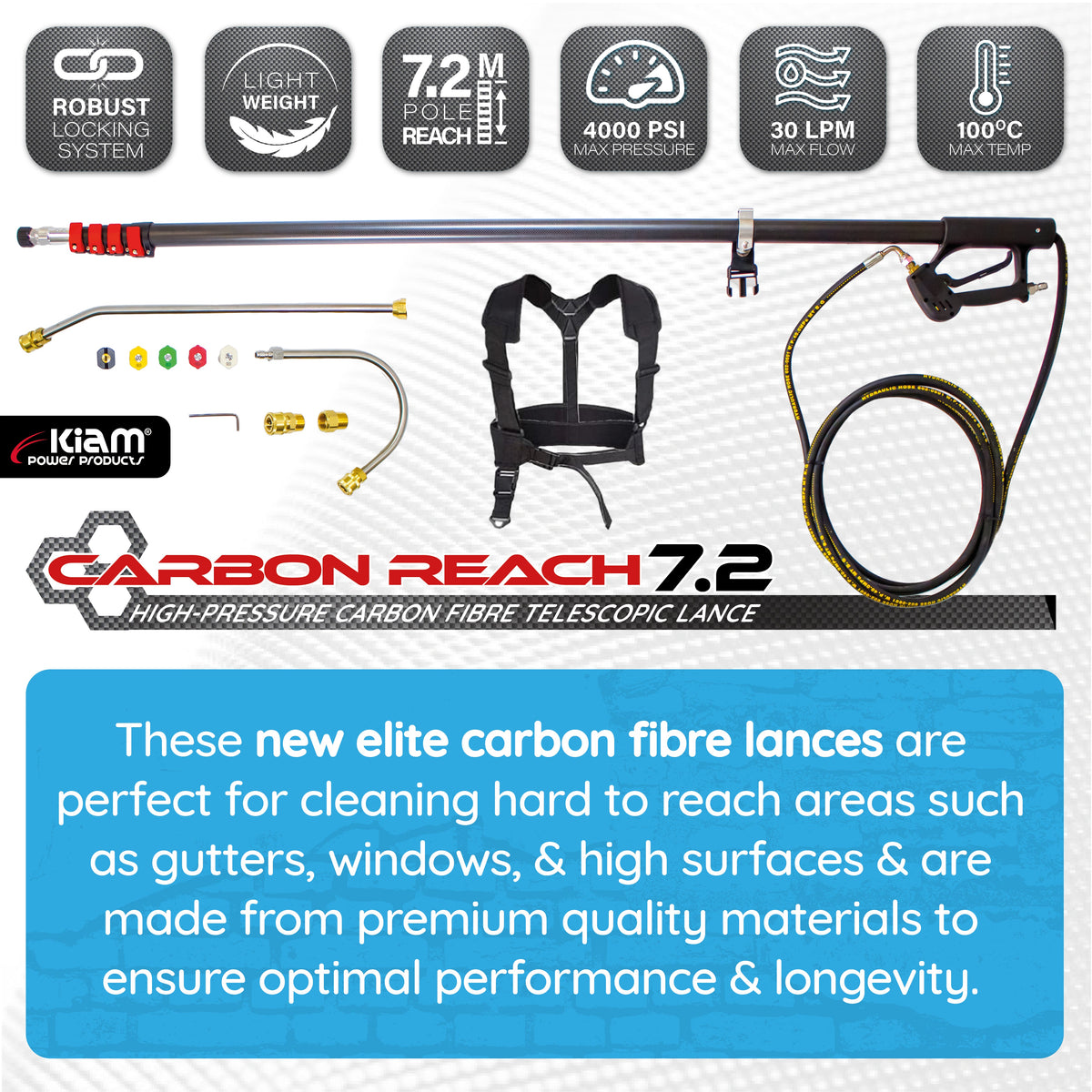 Kiam Products Carbon Reach 7.2 Metre Telescopic Carbon Fibre Lance