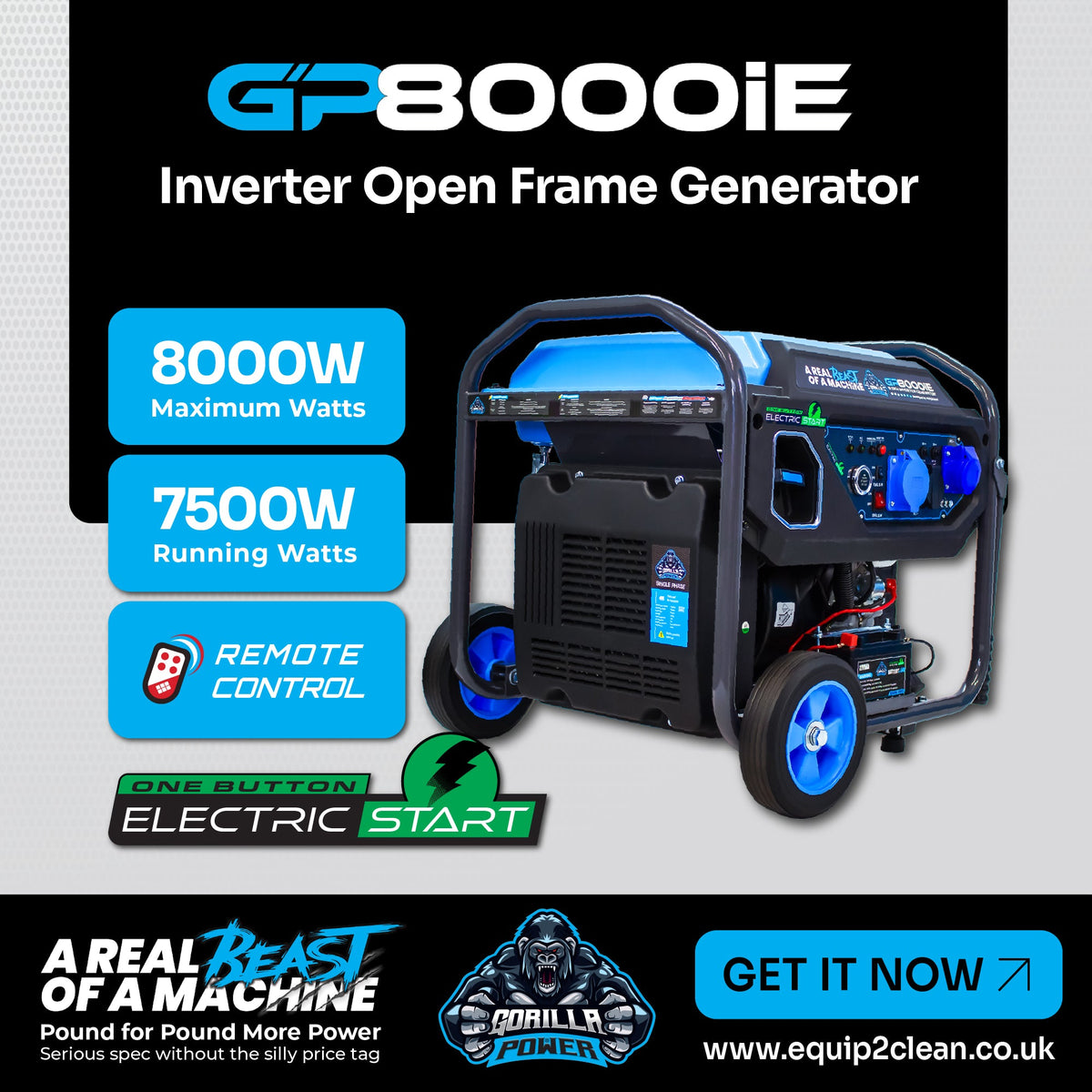 Equip2clean Gorilla Power 8000W Inverter Open Frame Generator with Electric Start - GP8000iE – High Performance & Fuel Efficient