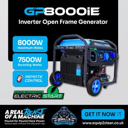 Equip2clean Gorilla Power 8000W Inverter Open Frame Generator with Electric Start - GP8000iE – High Performance & Fuel Efficient