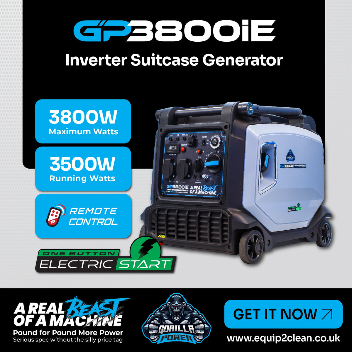 Equip2clean Gorilla Power 3800W Inverter Suitcase Generator with Electric Start - GP3800iE – Reliable Power On-The-Go