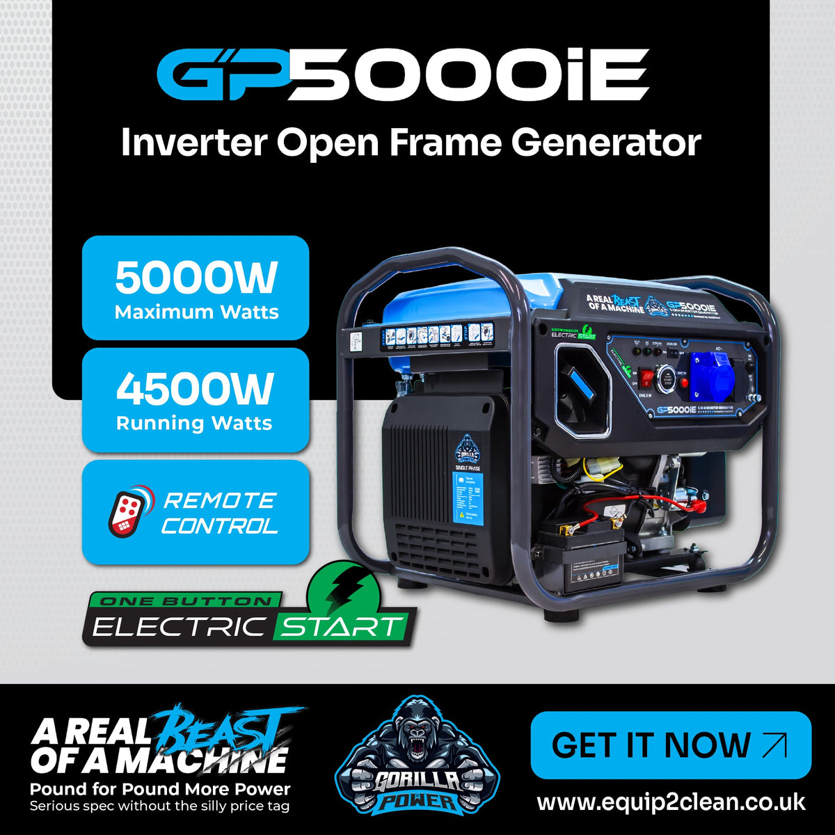 Equip2clean Gorilla Power 5000W Inverter Open Frame Generator with Electric Start - GP5000iE – Maximum Power & Efficiency