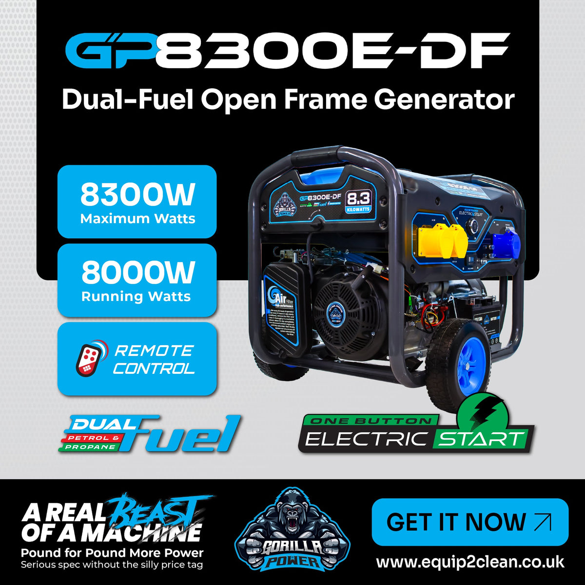 Equip2clean Gorilla Power 8300W Dual-Fuel Generator with Electric Start - GP8300E-DF - High-Capacity & Reliable Power