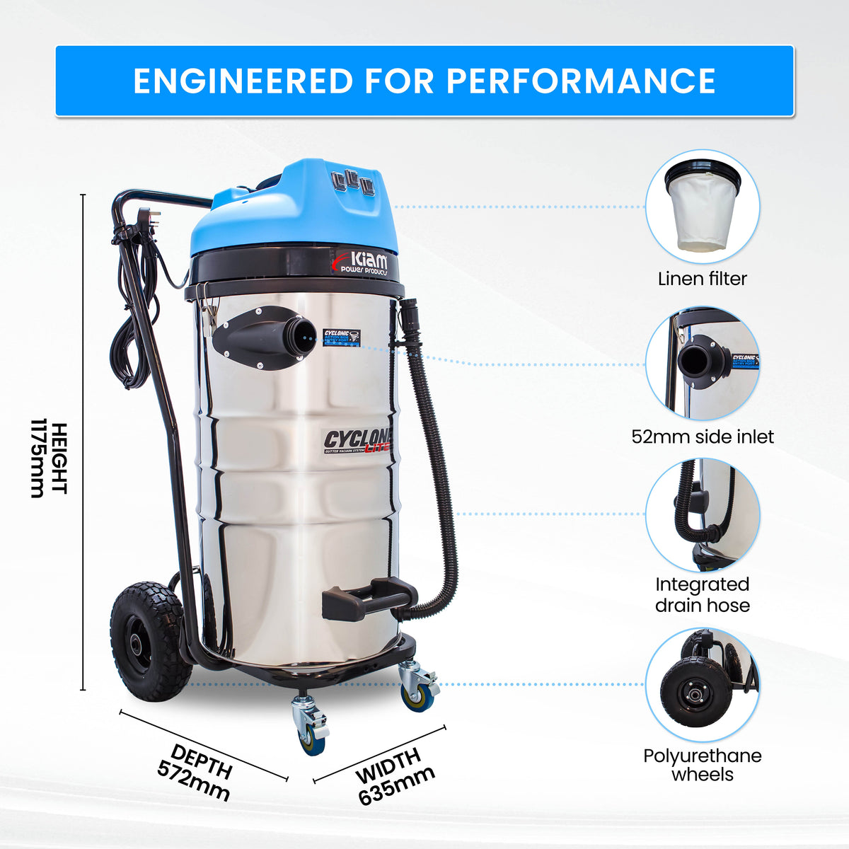 Kiam Products Cyclone Lite® KV100 Gutter Vacuum 3600W - Side Entry