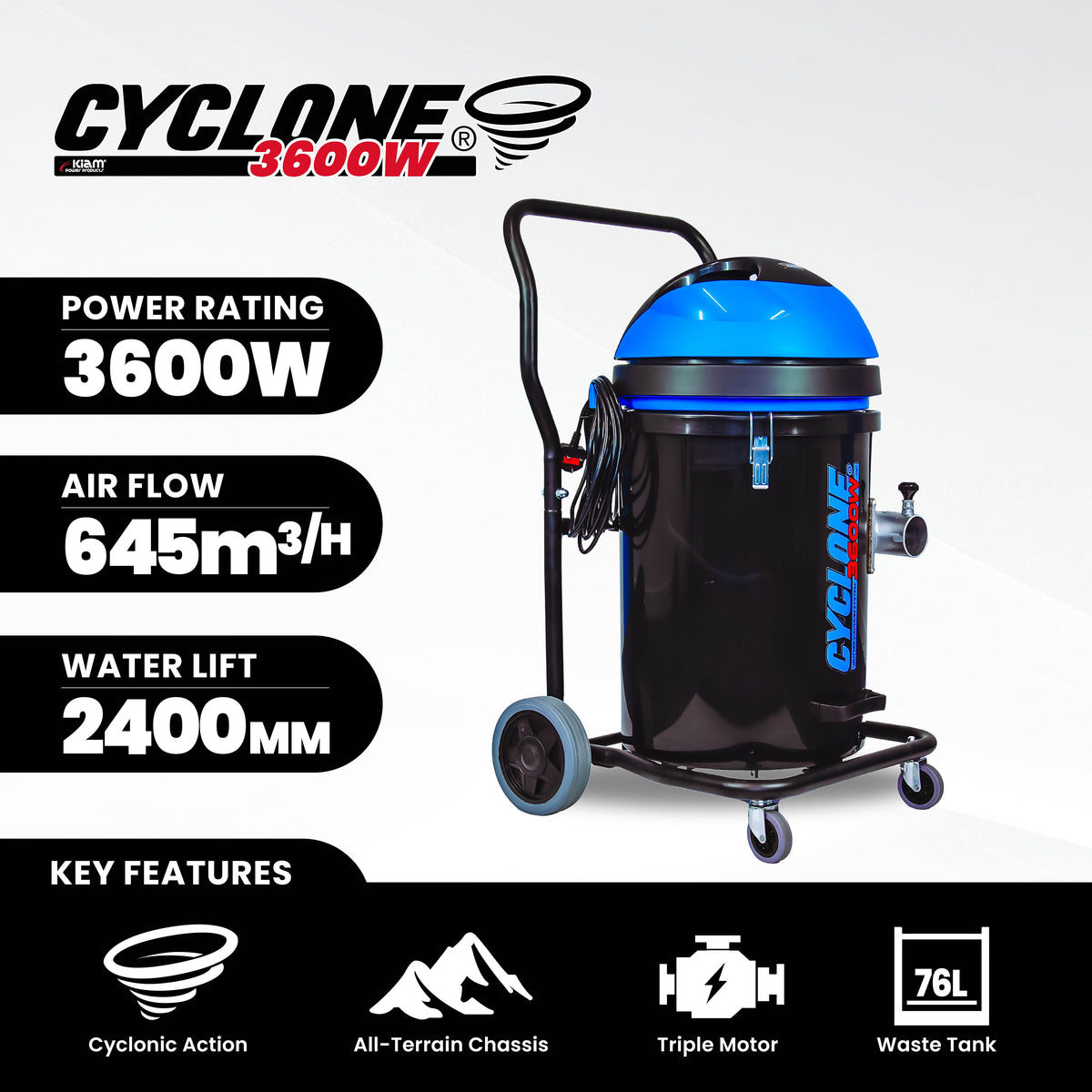 Kiam Products Kiam CYCLONE® Gutter Vacuum System 3600W Polypropylene (Black)
