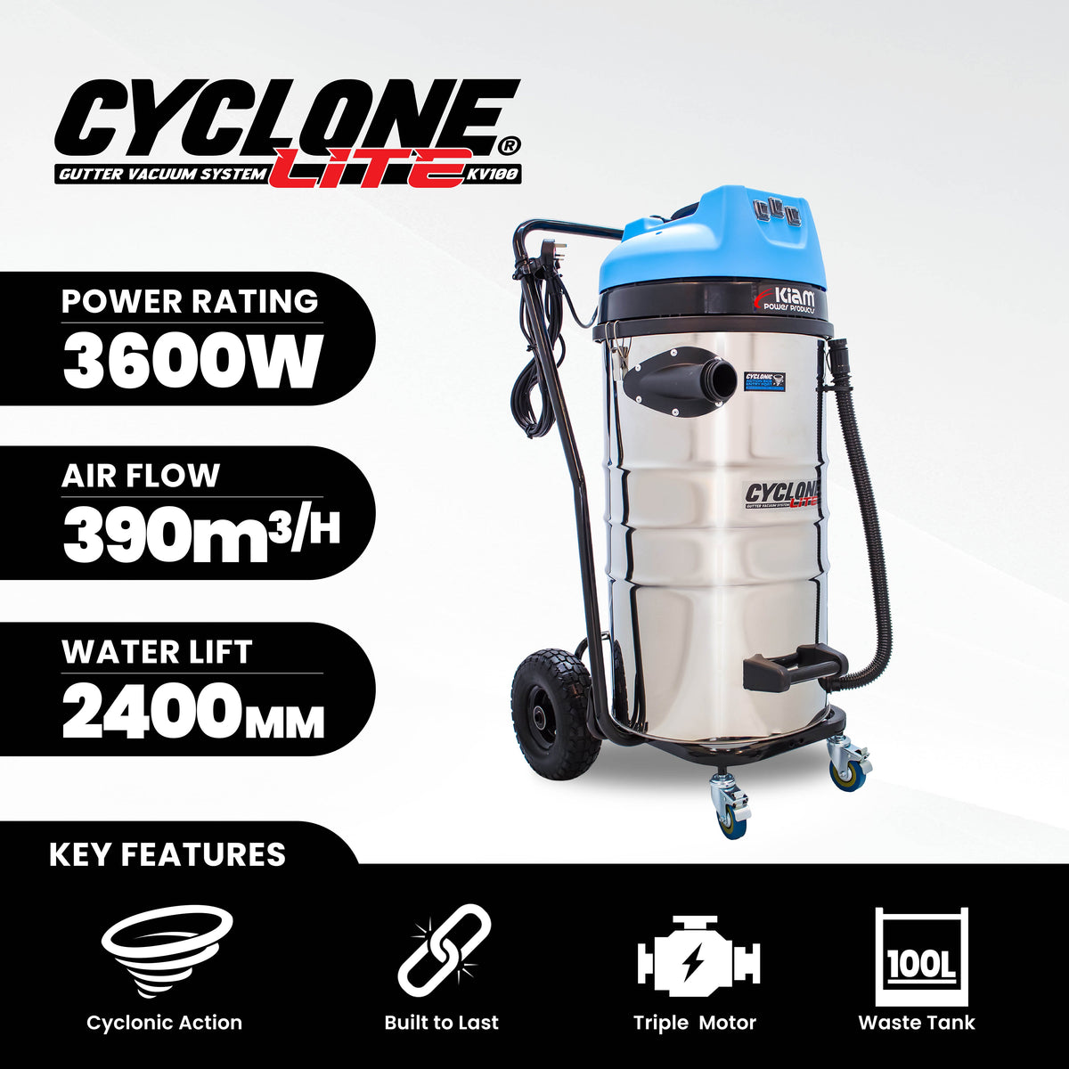 Kiam Products Cyclone Lite® KV100 Gutter Vacuum 3600W - Side Entry