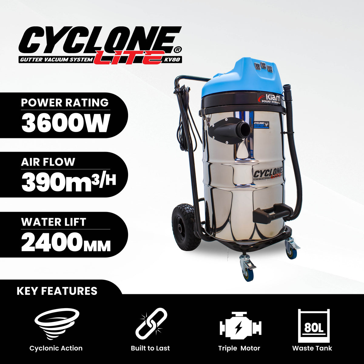 Kiam Products Cyclone Lite® KV80 Gutter Vacuum 3600W - Side Entry