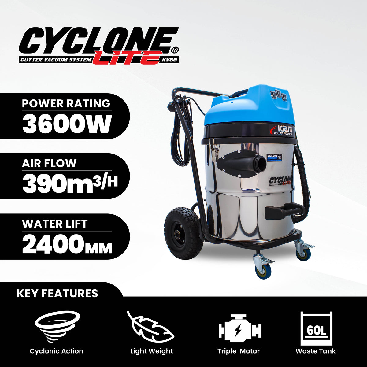 Equip2clean Cyclone Lite® KV60 Gutter Vacuum 3600W - Side Entry