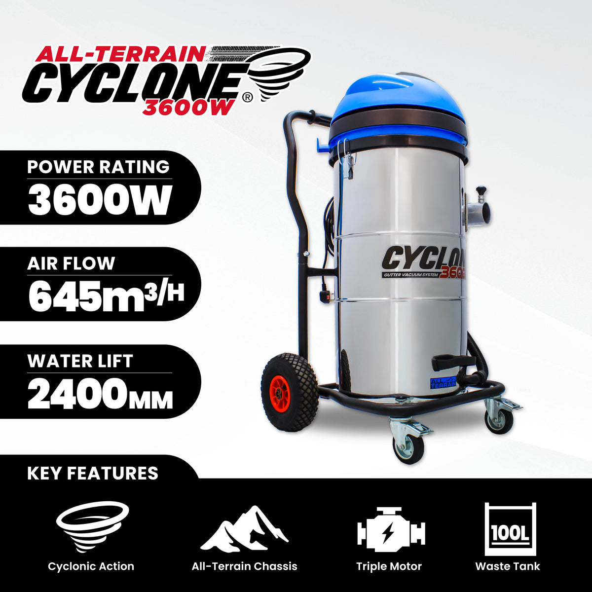 Kiam Products Kiam CYCLONE® All Terrain Gutter Vacuum System 3600W 100L Stainless Steel