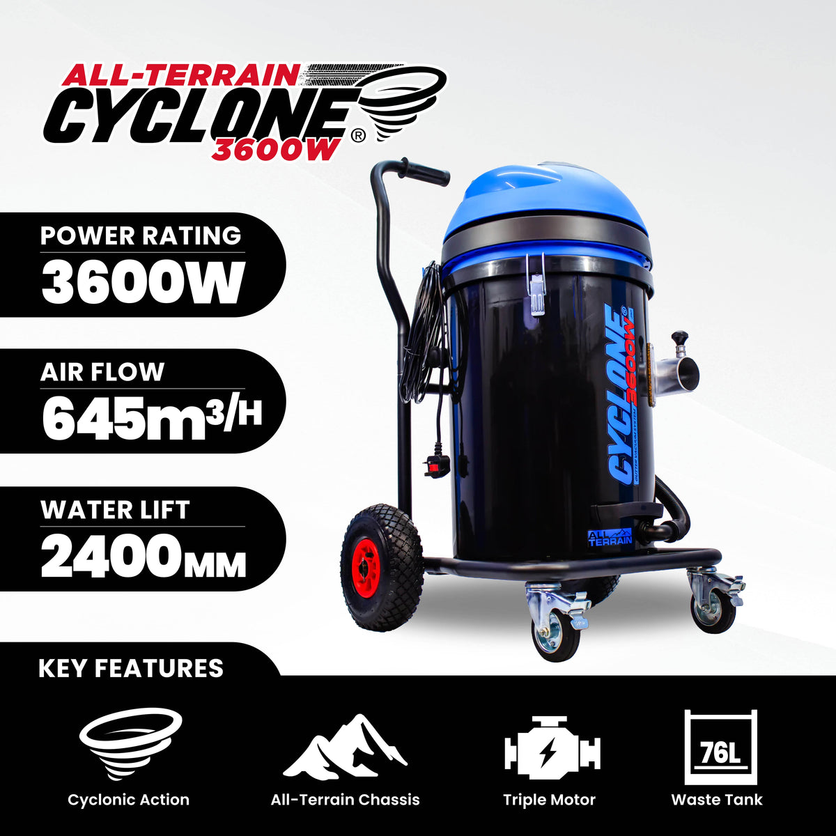 Kiam Products Kiam CYCLONE® All Terrain Gutter Vacuum System 3600W 76L Polypropylene (Black)
