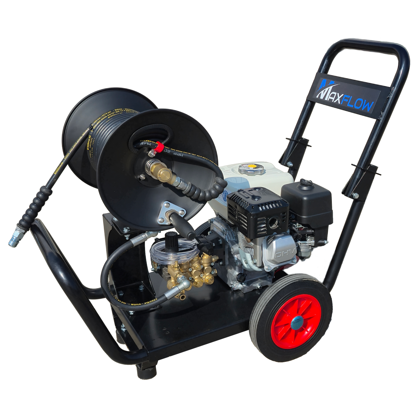 Maxflow Semi-Industrial Pressure Washer - Honda GX200 12LPM Drop Handle Frame + Reel