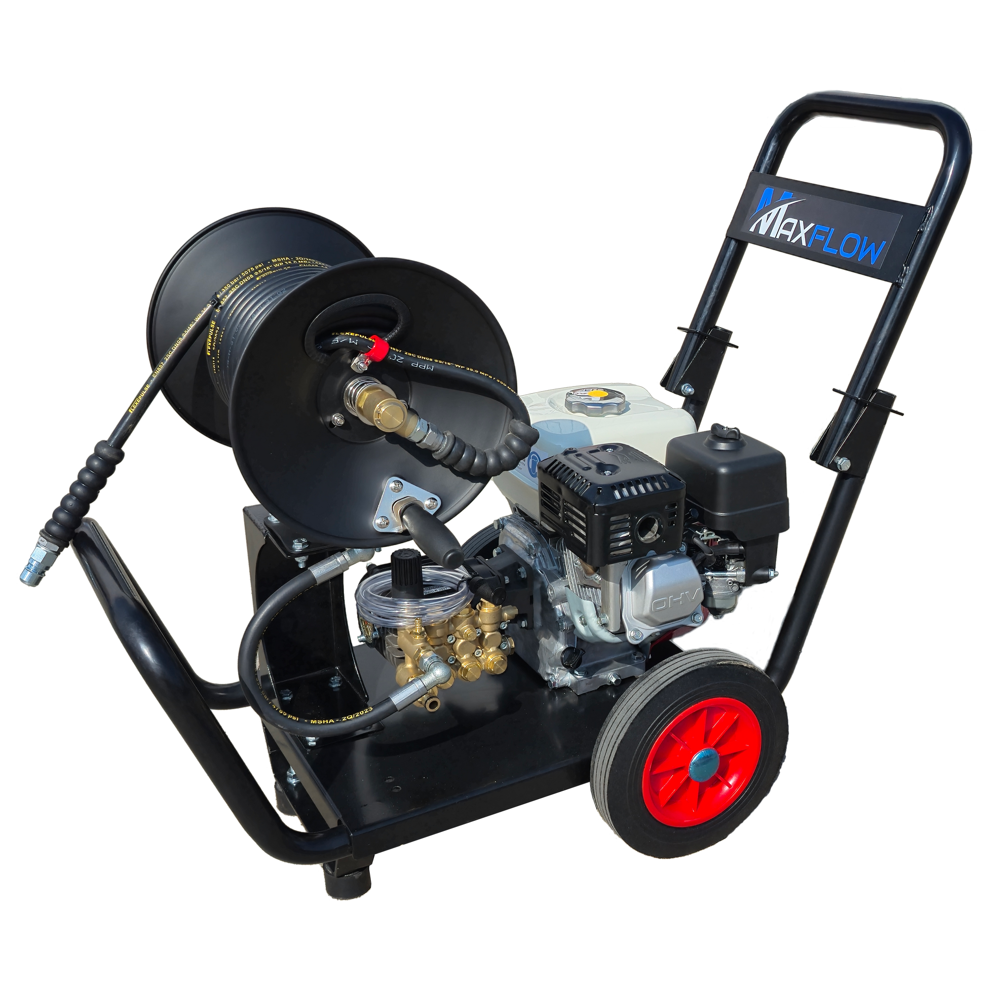 Maxflow Semi-Industrial Pressure Washer - Honda GX200 12LPM Drop Handle Frame + Reel