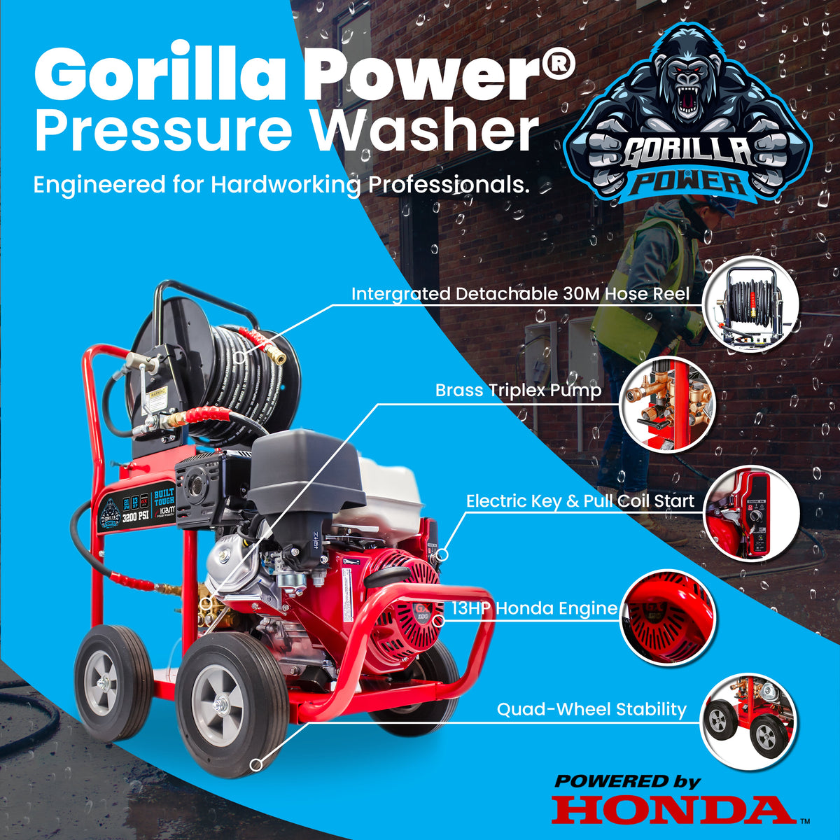 Kiam Products Kiam GORILLA POWER® 3200PSI 21LPM 13HP Petrol Pressure Washer Honda GX390 Engine