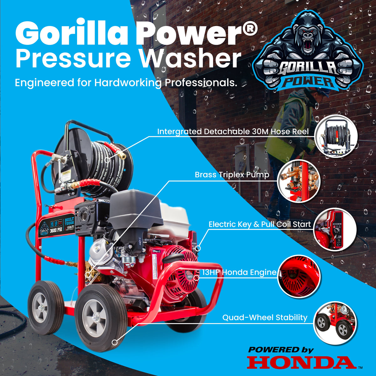 Kiam Products Kiam GORILLA POWER® 3600PSI 15LPM 13HP Petrol Pressure Washer Honda GX390 Engine