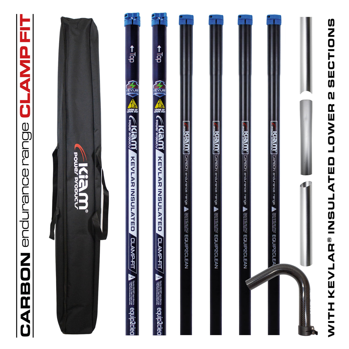 Kiam Products Clamped Carbon Fibre Gutter Vacuum Pole Kits (51mm Diameter) 20ft-40ft