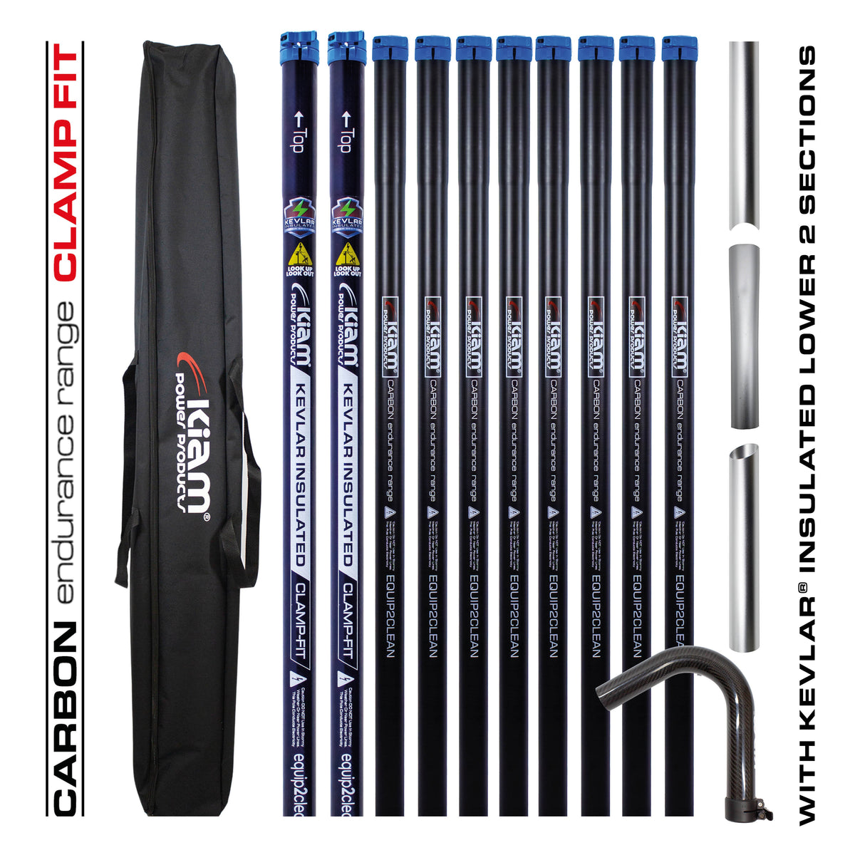 Kiam Products Clamped Carbon Fibre Gutter Vacuum Pole Kits (51mm Diameter) 20ft-40ft