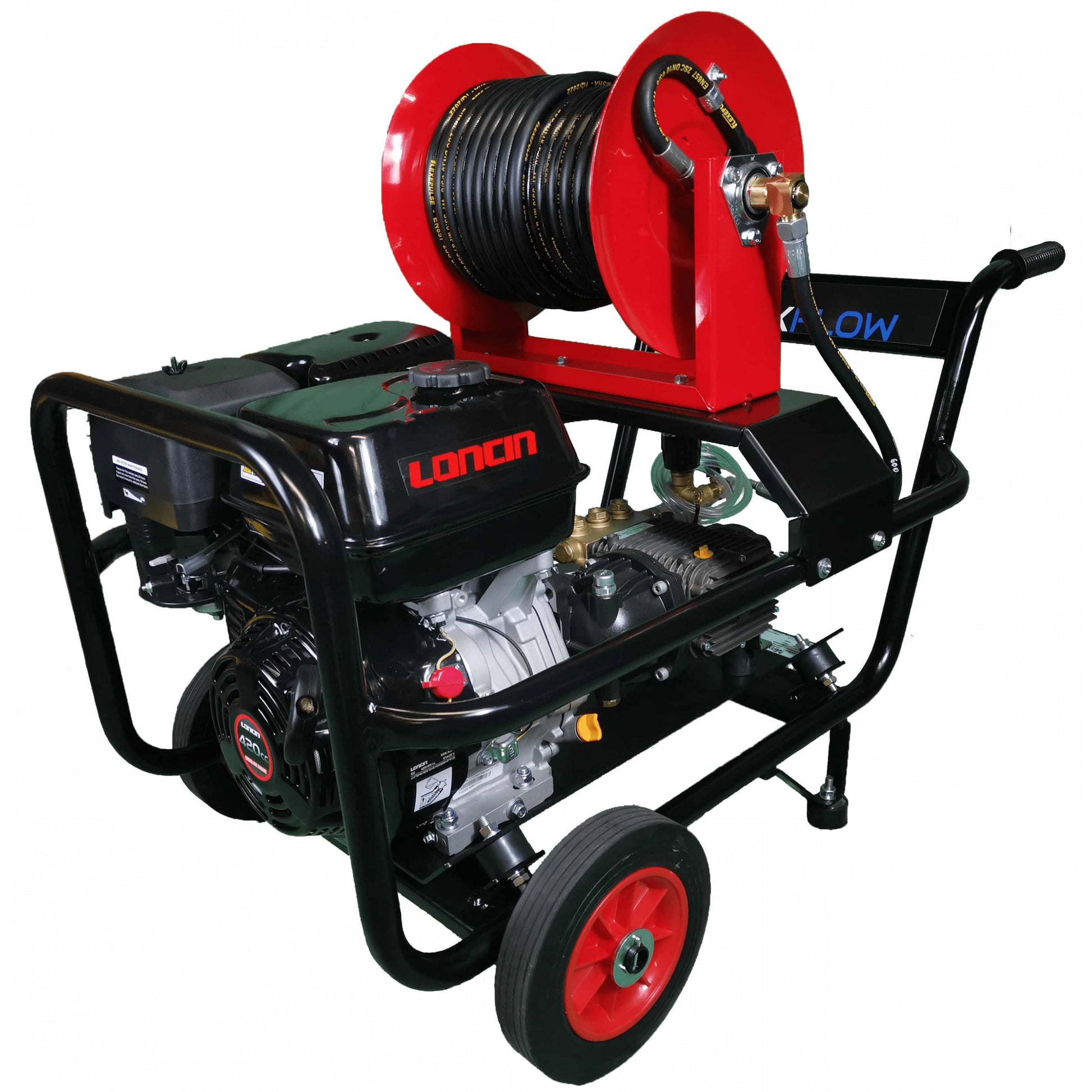 Maxflow Industrial Pressure Washer - Loncin G420 21 LPM Gearbox Driven Trolley Frame + 30M Reel