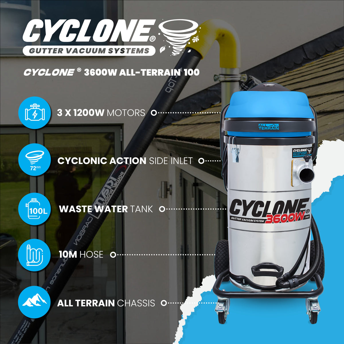 Kiam Products Kiam CYCLONE® All Terrain Gutter Vacuum System 3600W 100L Stainless Steel