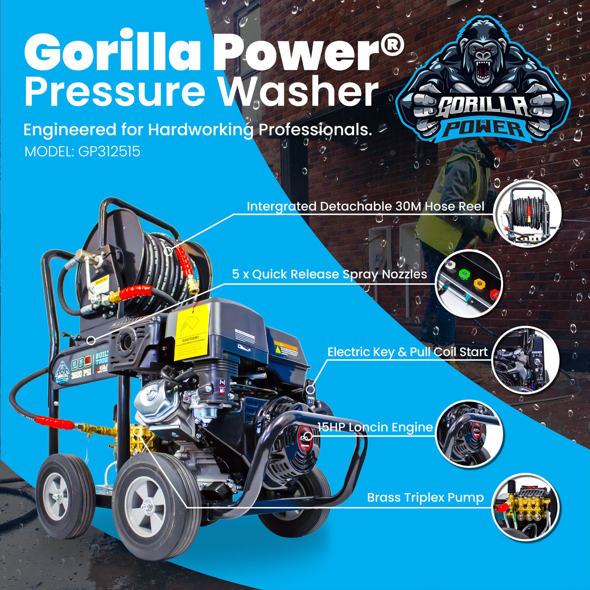 Kiam Products Kiam GORILLA POWER® 3100PSI 25LPM 15HP Petrol Pressure Washer Loncin Engine