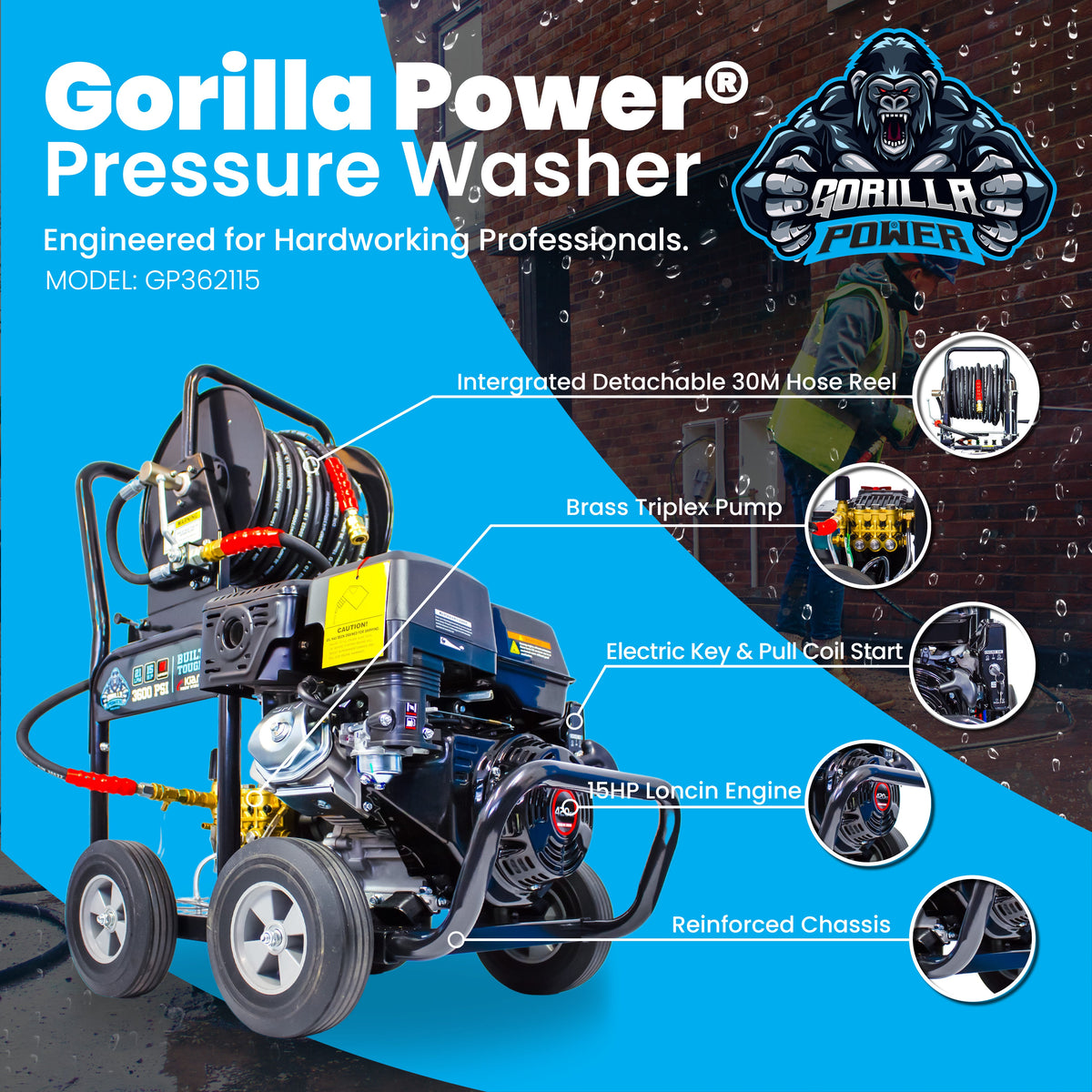 Kiam Products Kiam GORILLA POWER® 3600PSI 21LPM 15HP Petrol Pressure Washer Loncin Engine