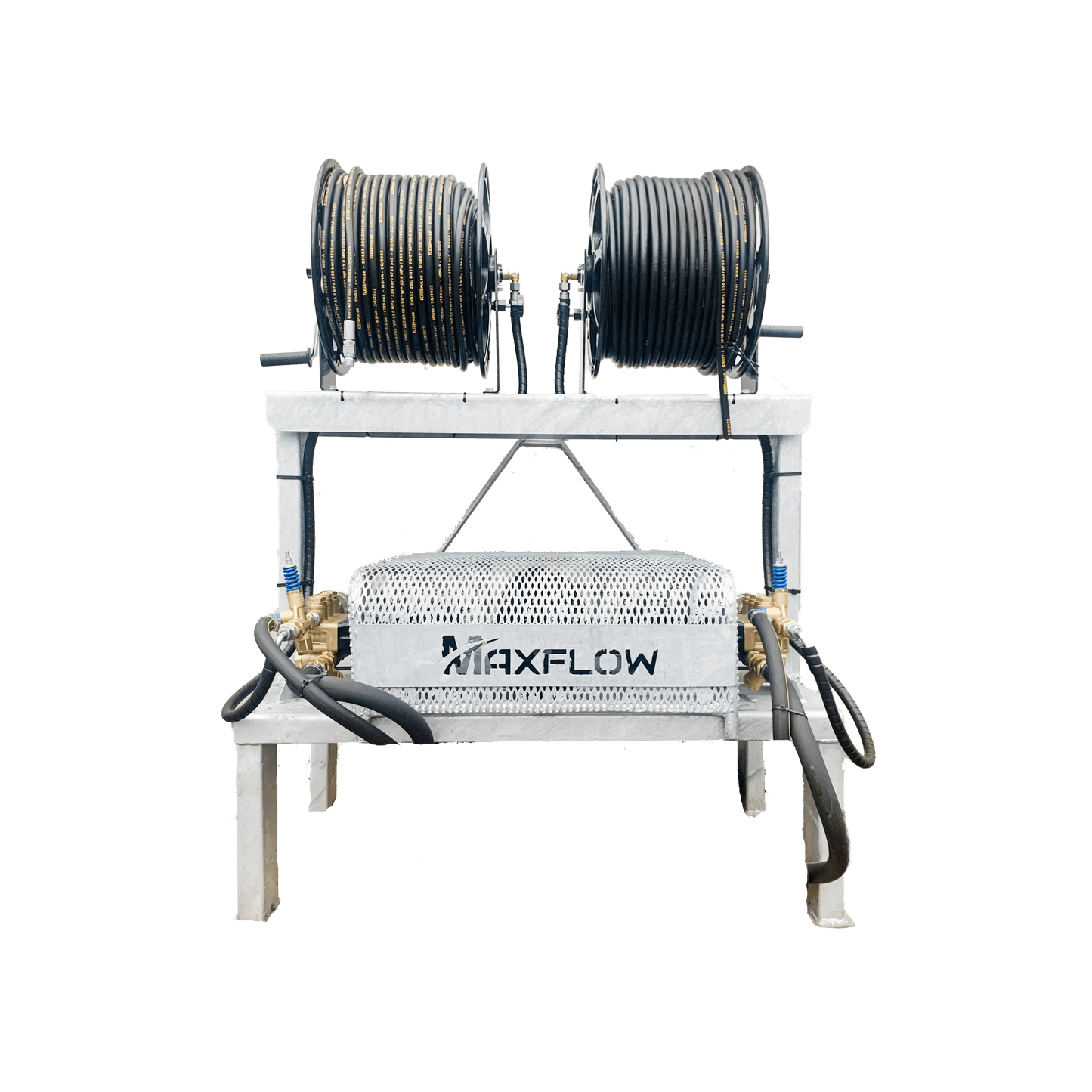 Maxflow Twin PTO Pressure Washer – Hawk Pump 2 x 30 LPM 200 BAR Galvanised Frame + x2 100M Reels