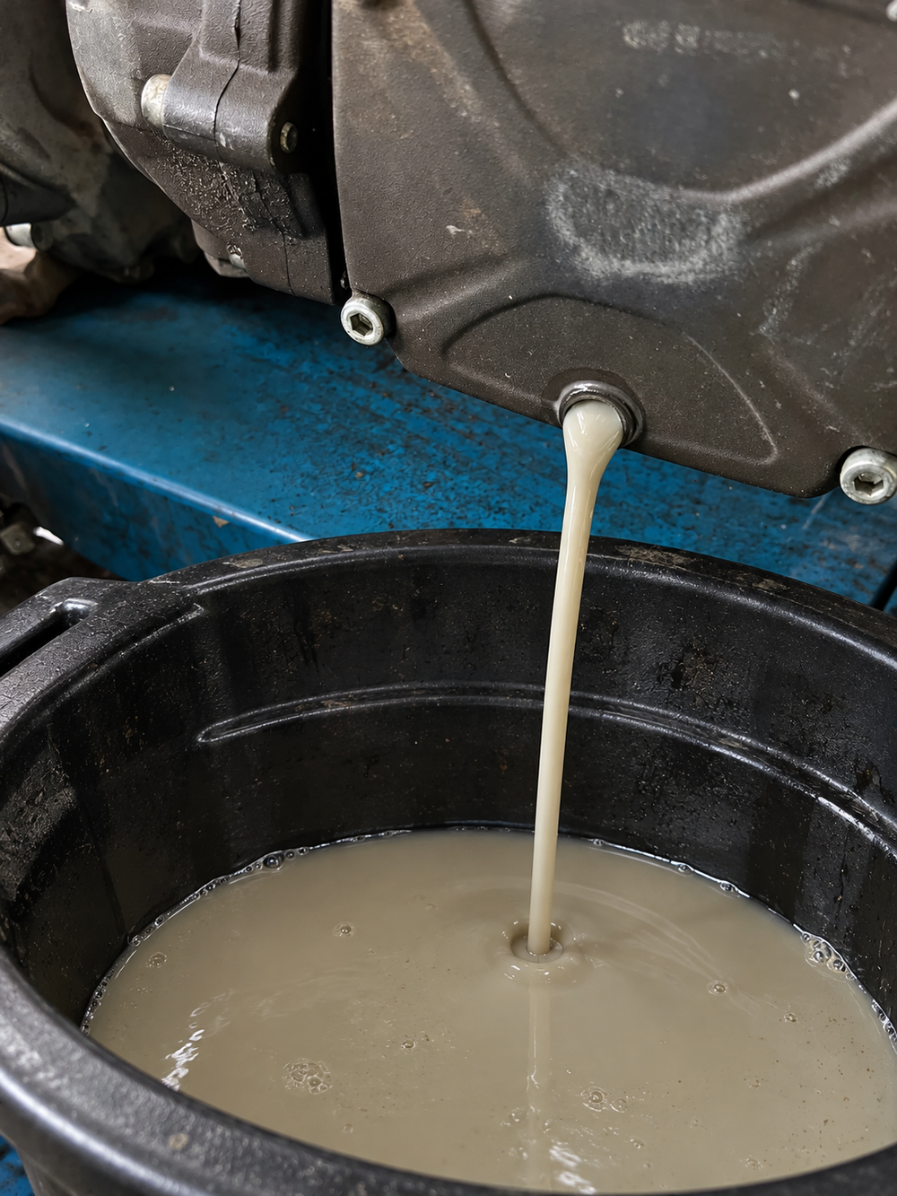 Engine servicing with used oil draining into a professional workshop oil pan.