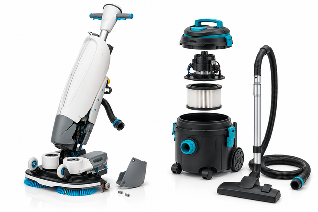Damaged i-mop and dismantled commercial vacuum showing internal components