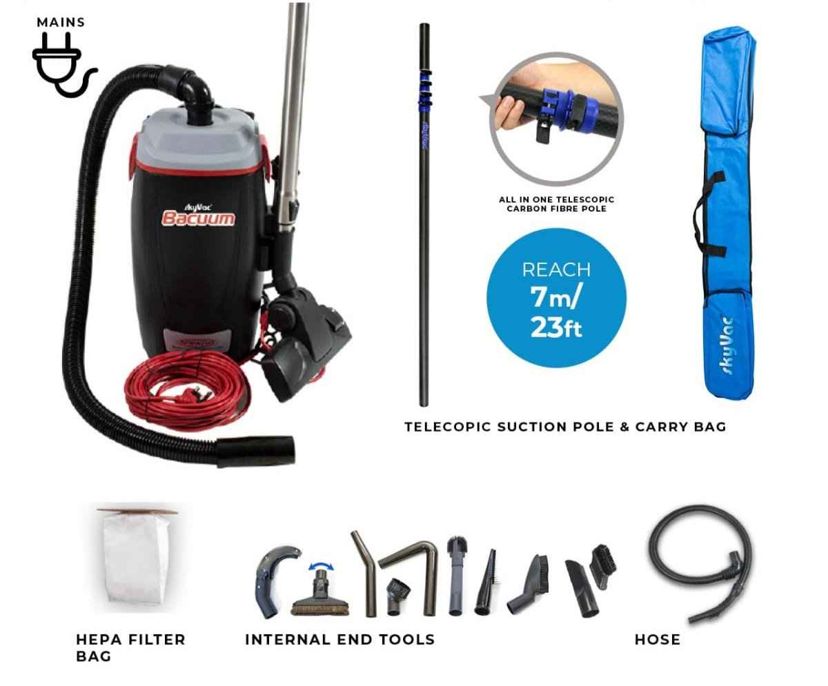 skyVac Bacuum - High Level Back-Pack Vacuum Cleaner - Mains or Battery - Up To 28ft - Commercial Cleaning Machines Ltd