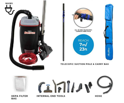 skyVac Bacuum - High Level Back-Pack Vacuum Cleaner - Mains or Battery - Up To 28ft - Commercial Cleaning Machines Ltd