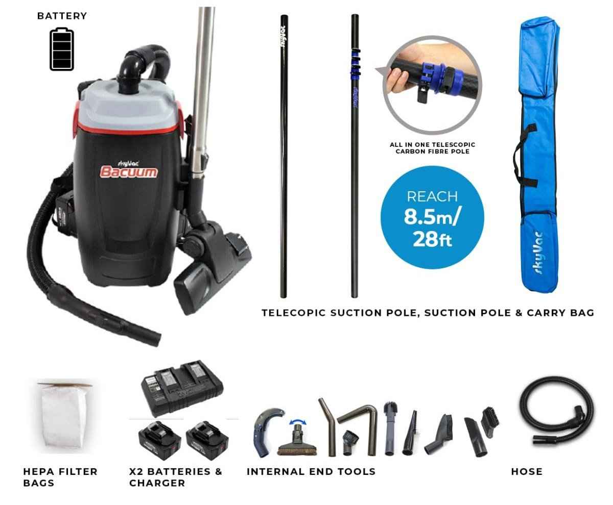 skyVac Bacuum - High Level Back-Pack Vacuum Cleaner - Mains or Battery - Up To 28ft - Commercial Cleaning Machines Ltd