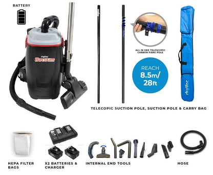 skyVac Bacuum - High Level Back-Pack Vacuum Cleaner - Mains or Battery - Up To 28ft - Commercial Cleaning Machines Ltd