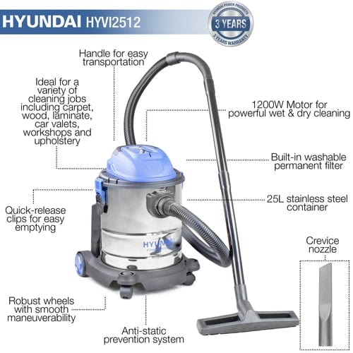 Hyundai HYVI2512 1200w Wet and Dry Vacuum Cleaner 25l