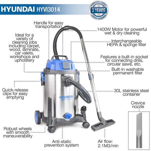 Hyundai HYVI3014 1400w Wet and Dry Vacuum Cleaner 30l With Power Tool Socket